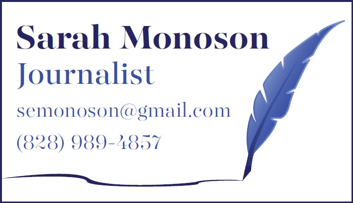 The front of a business card with Sarah Monoson's information.